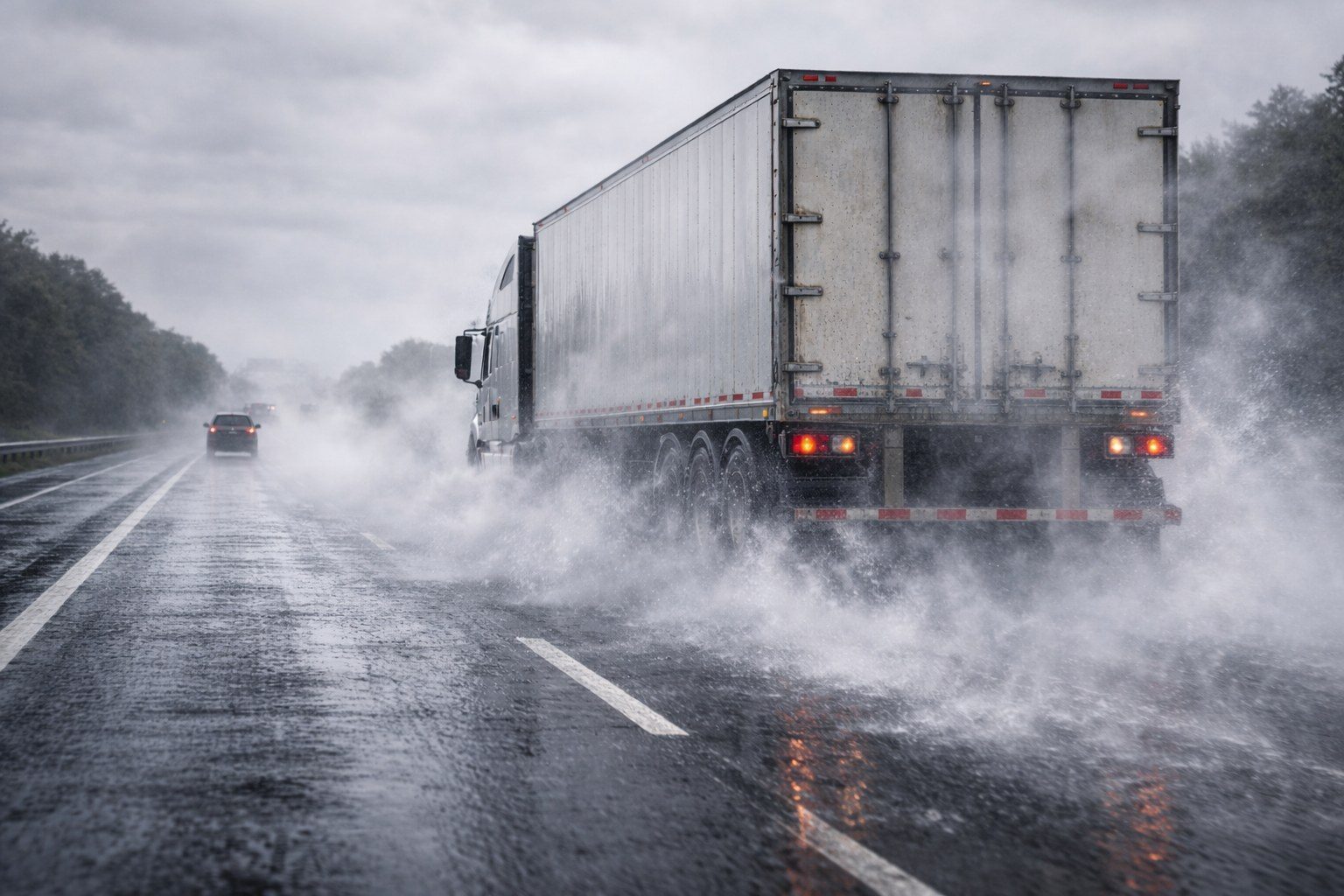 Commercial vehicle tire spray generating vapor mist plume on wet road surface